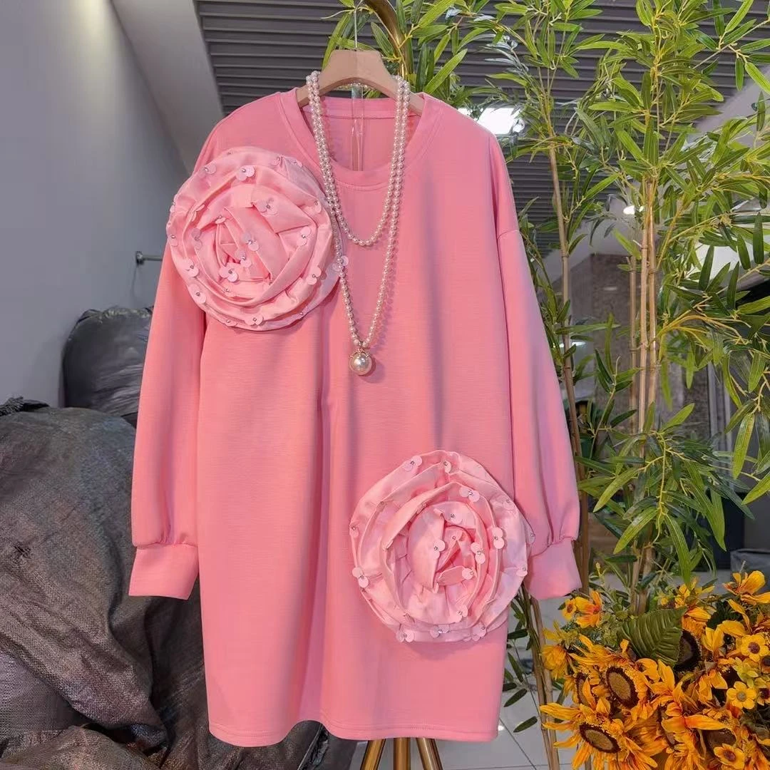 新款潮流大花镶钻长T恤微胖女装遮肉显瘦圆领长袖秋冬款25170