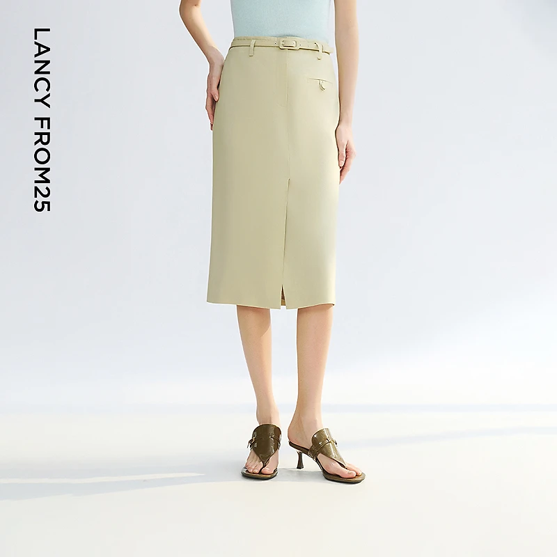 朗姿开衩高腰修身直筒裙高级感2025年夏季新款气质通勤风半身裙
