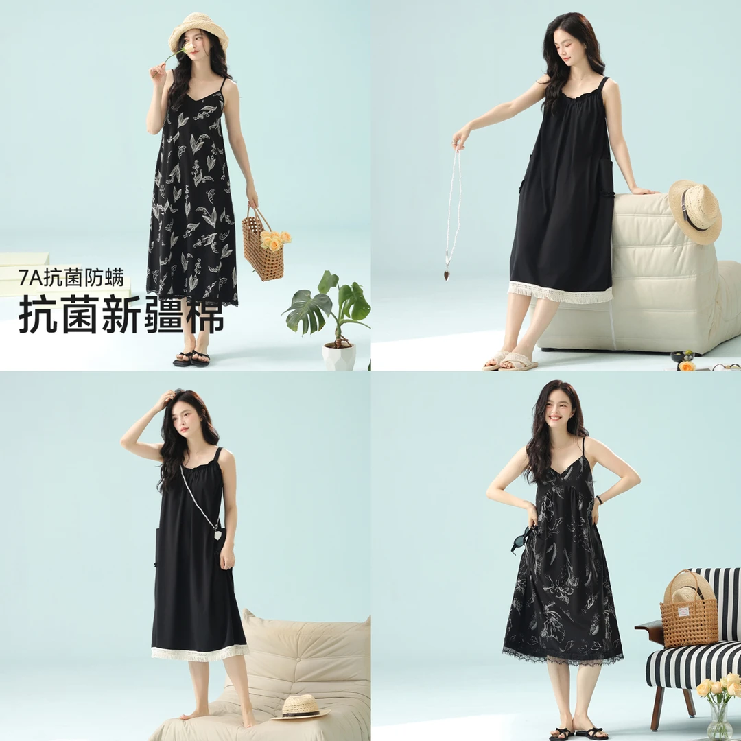 【带胸垫睡裙】合集 | 夏季睡裙女新疆棉简约甜美黑色显瘦家居裙