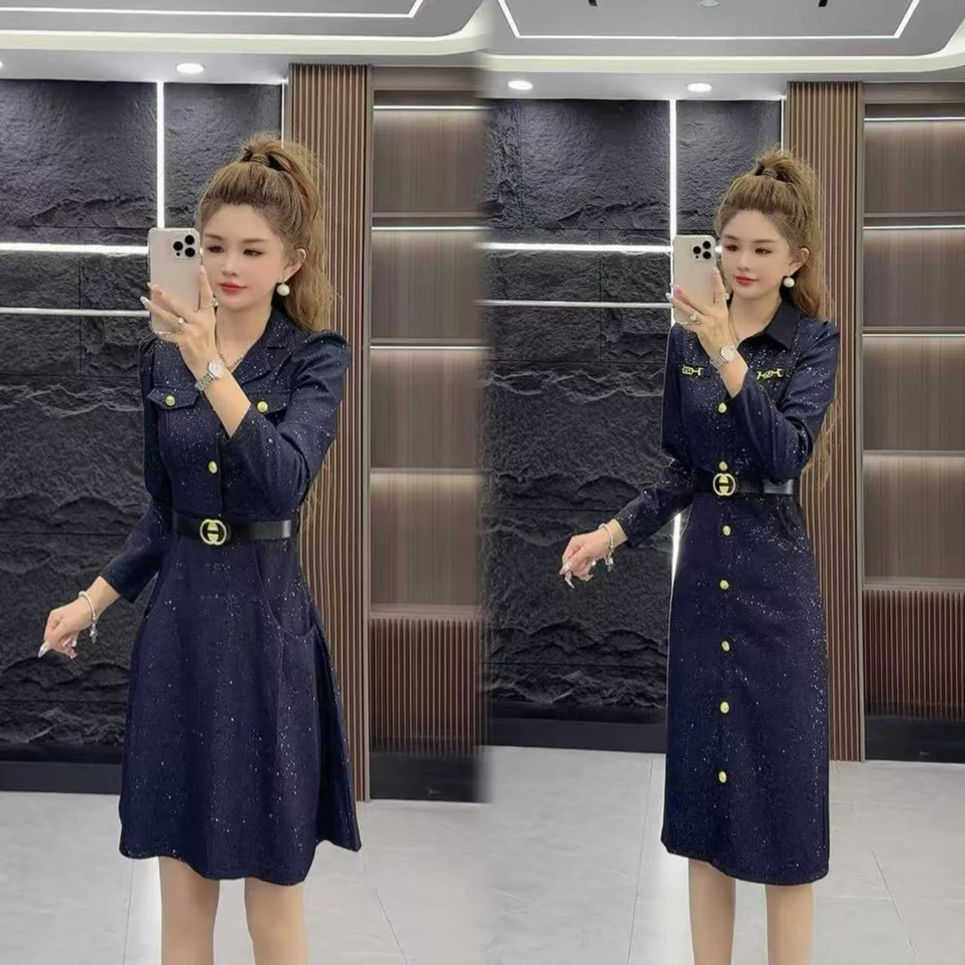 精品0995 洋气爆闪满天星收腰单排扣连衣裙