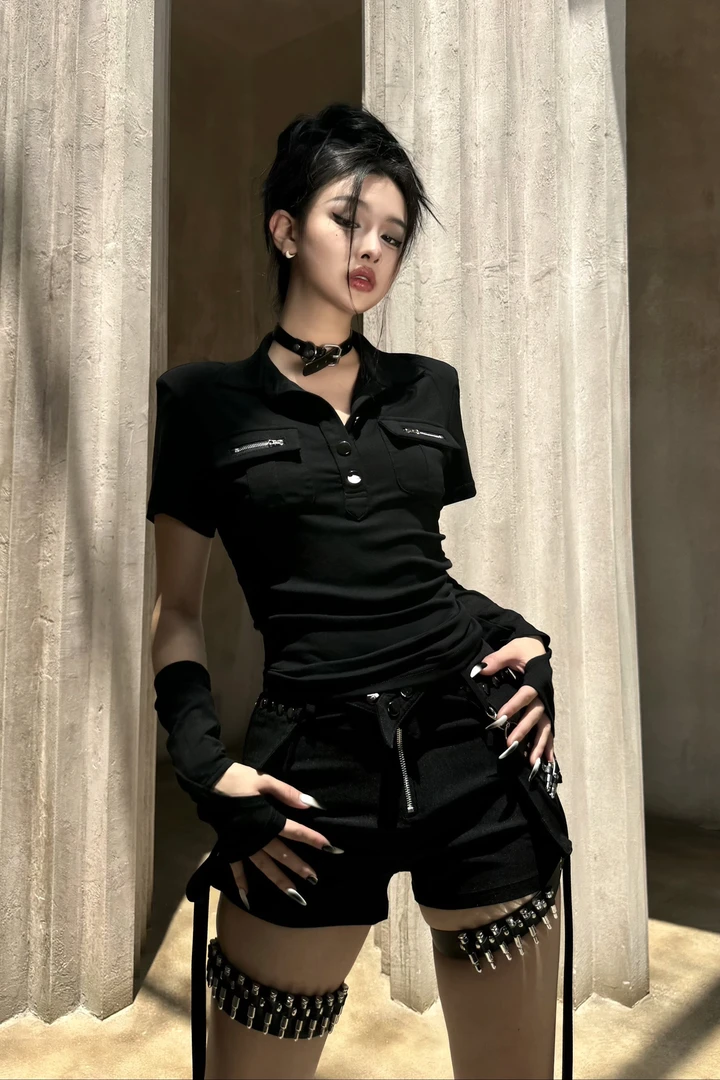 Blackgirl新款【不良少女】美式街头风口袋显瘦百搭排扣v领短袖T恤