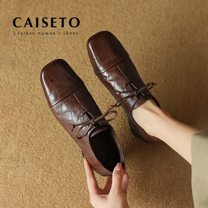 头层牛皮/3.5cm新款时尚低跟方头真皮单鞋软皮舒适平底鞋24D887