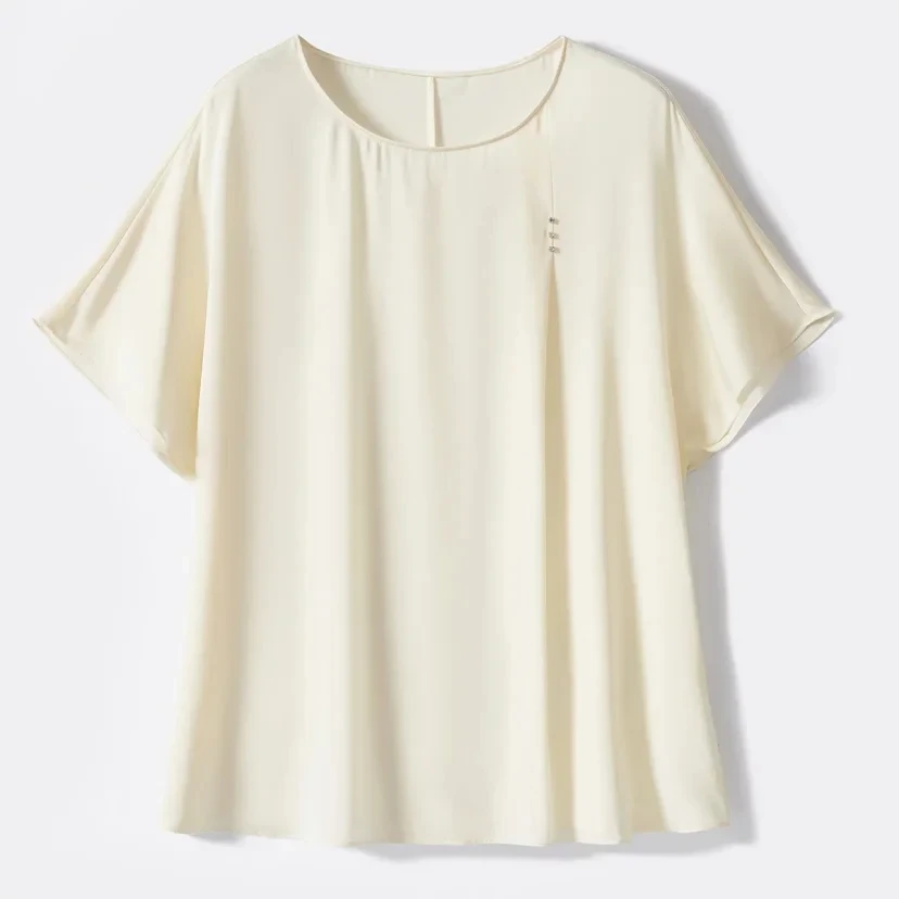 夏季垂感丝滑缎面t恤女圆领宽松透气桑蚕丝上衣套头百搭短袖4056