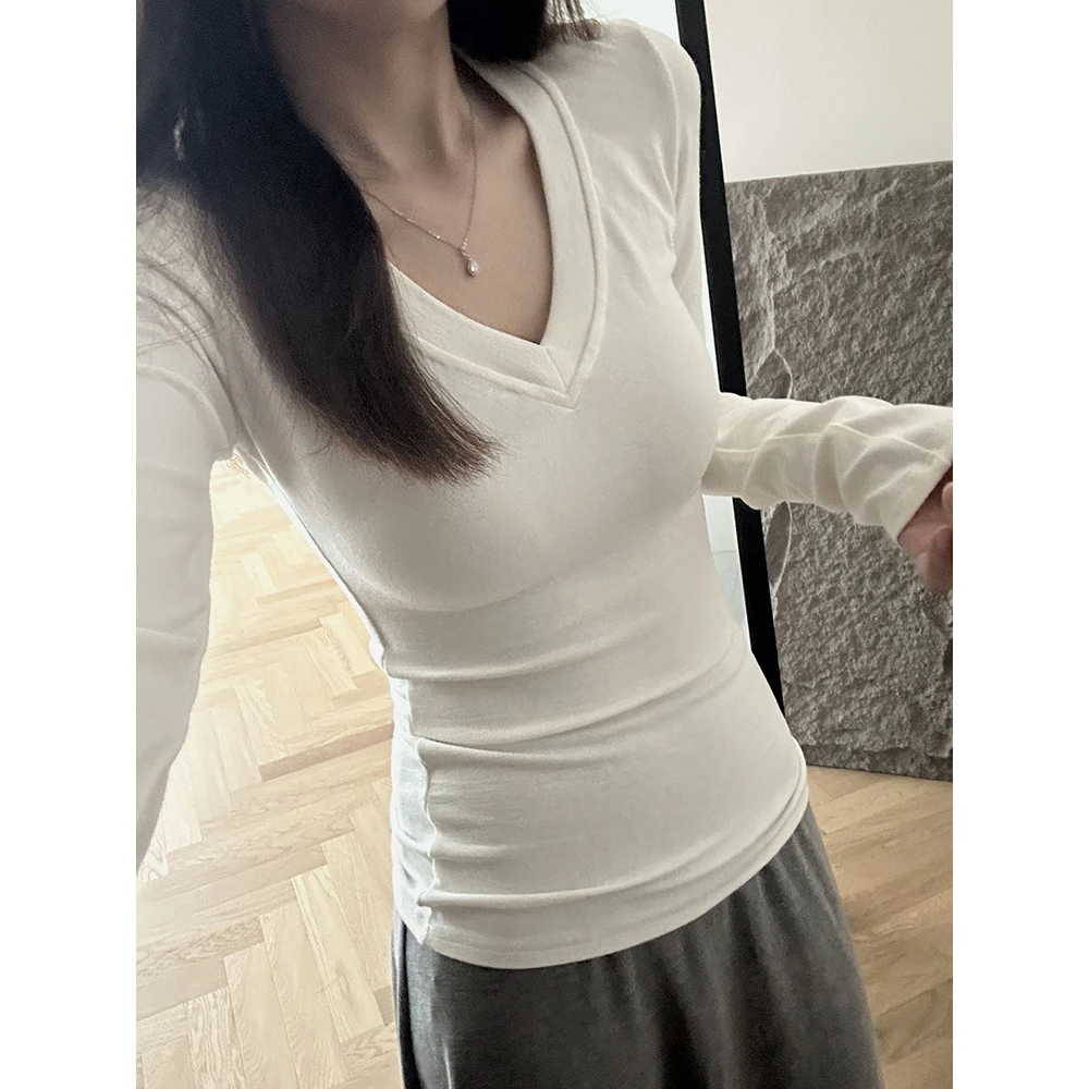 灰色纯V领正肩长袖T恤女春秋内搭打底衫辣妹收腰显瘦薄款抓毛上衣