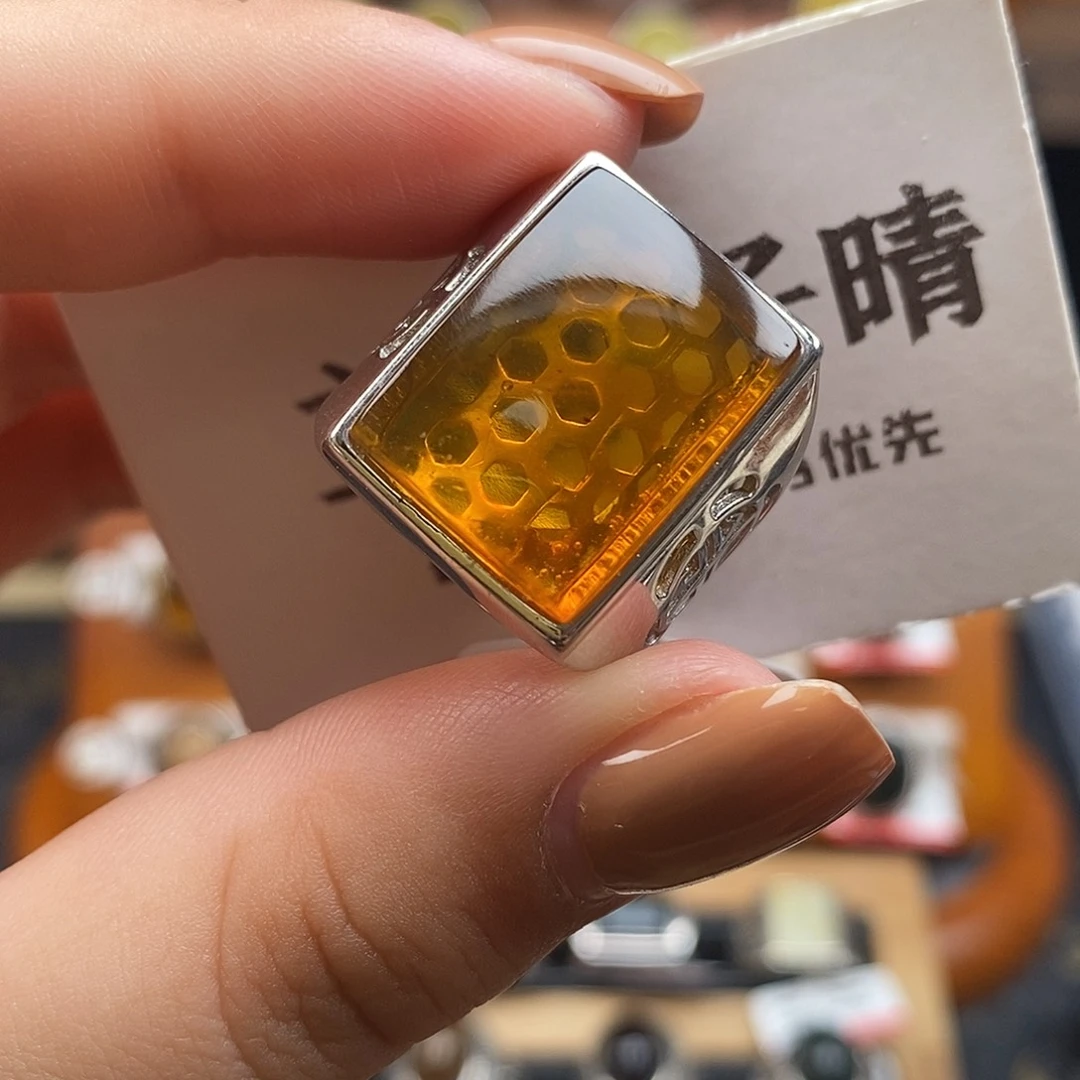 琥珀银S925镶嵌戒指琥珀