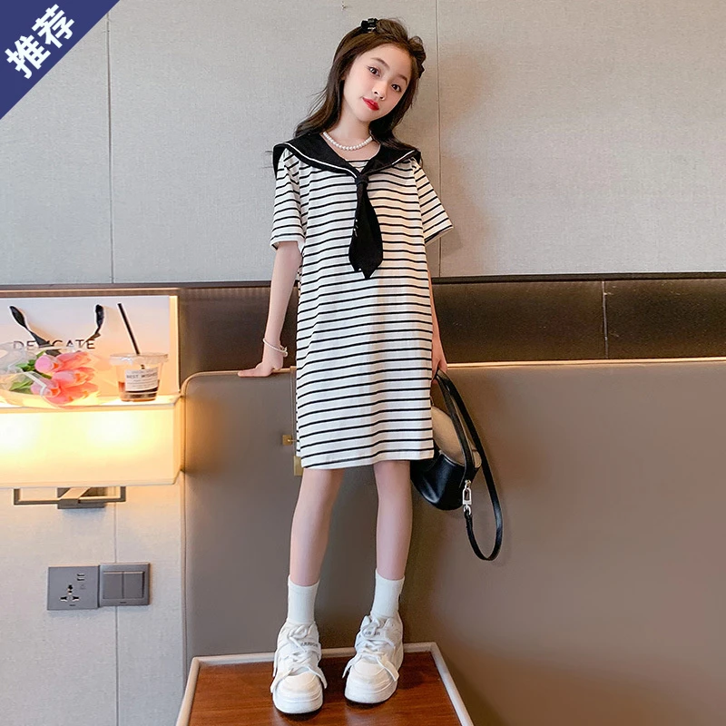 女童连衣裙夏装6-12岁15儿童洋气中大童短袖条纹小女孩夏季裙子棉
