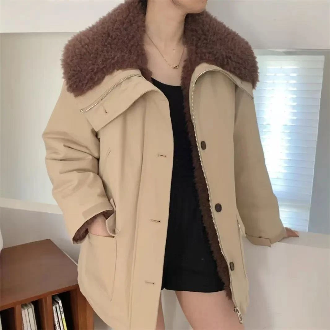 杨幂明星同款卡其色棉服外套美式羊羔拼接工装派克服