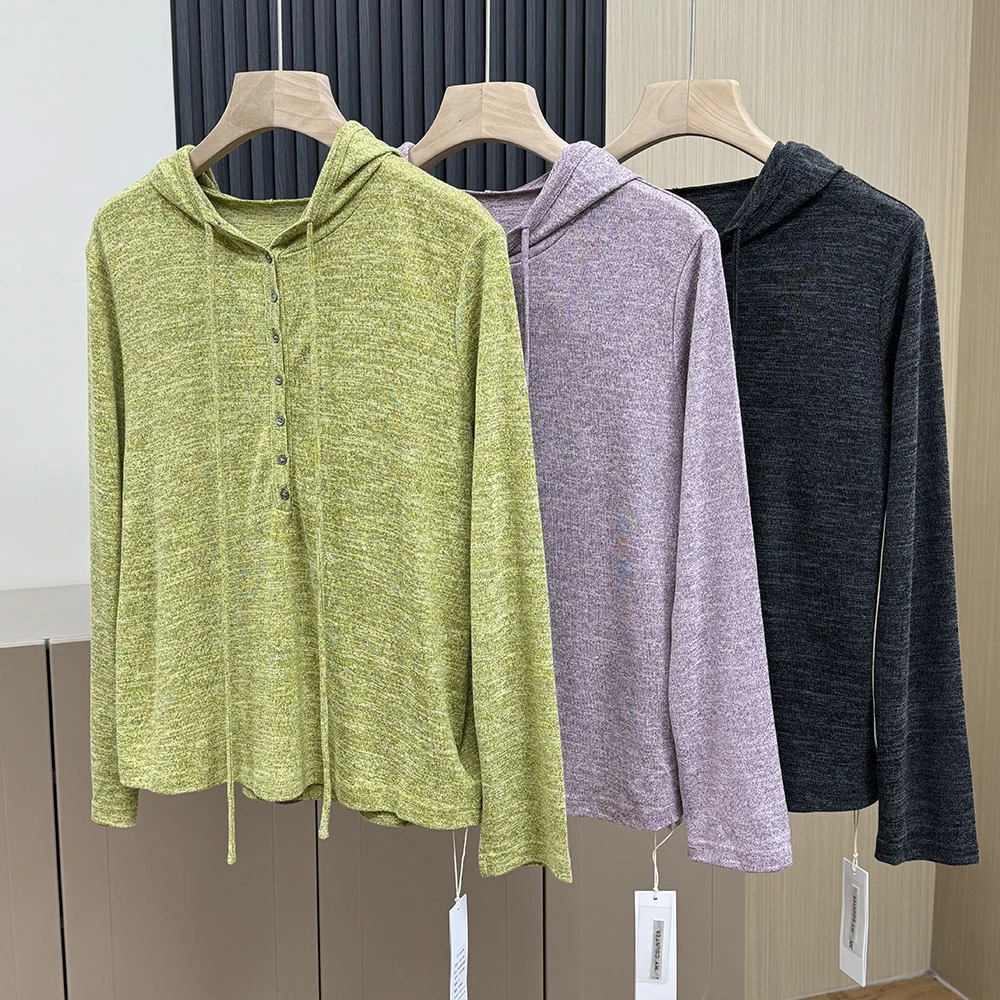 春秋半开领多扣抽绳针织帽衫休闲百搭色长袖卫衣13130