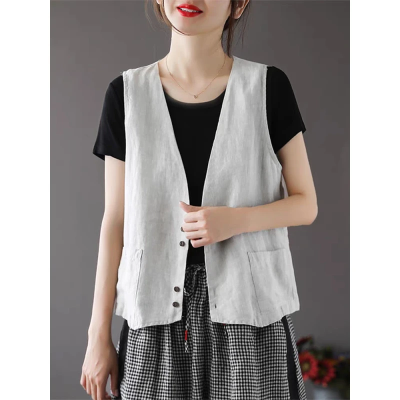 【现货+退换包邮】复古大码夏薄纯色V领马甲宽松棉麻开衫外搭342