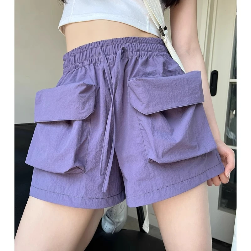 紫色大口袋工装短裤女夏季新款高级感宽松a字显瘦美式运动五分裤