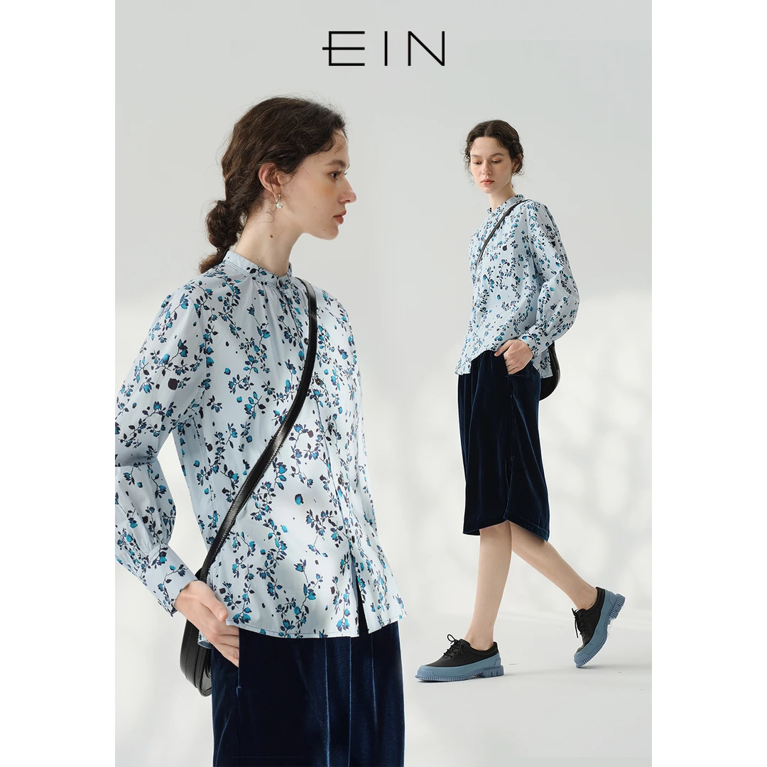 EIN/言文艺印花中式小立领灯笼袖棉衬衫女装25秋夏款