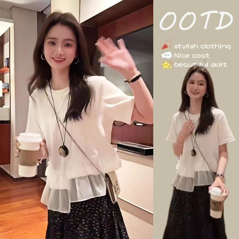 今年流行夏季穿搭一整套女韩系简约拼接短袖上衣波点半身裙两件套