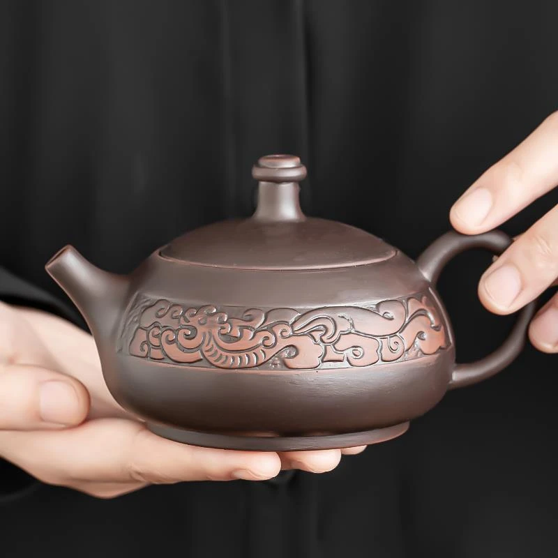 紫陶泡茶壶平雕紫砂壶家用中式功夫茶具泡茶器单个陶瓷壶复古茶器