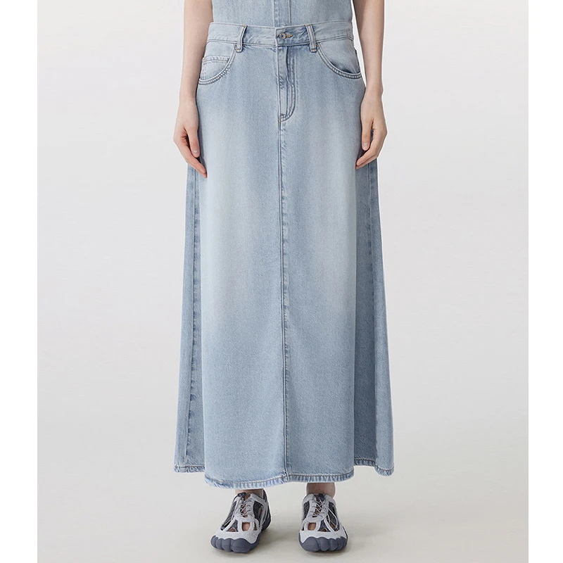 拼接复古A字裙中长款直筒简约包臀裙开叉水洗牛仔半身裙A型裙子