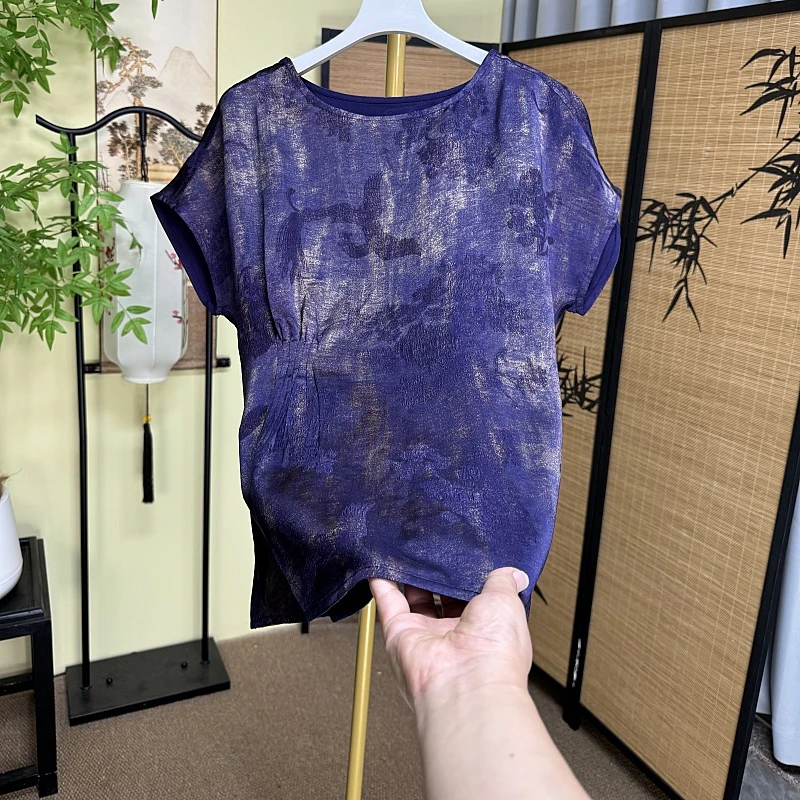 新中式衬衫薄款宽松型女装复古圆领小衫蓝色中式百搭时尚透气