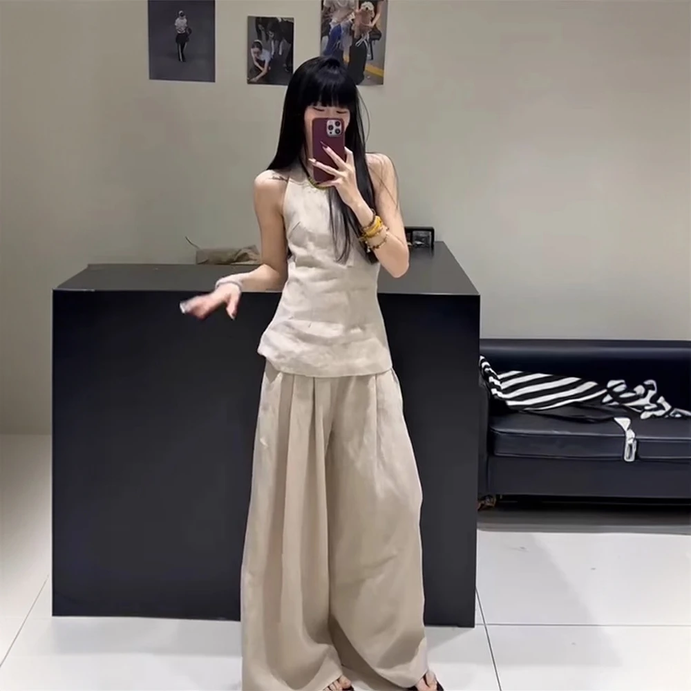 清冷感穿搭亚麻背心套装女夏季优雅气质露背棉麻上衣阔腿裤两件套