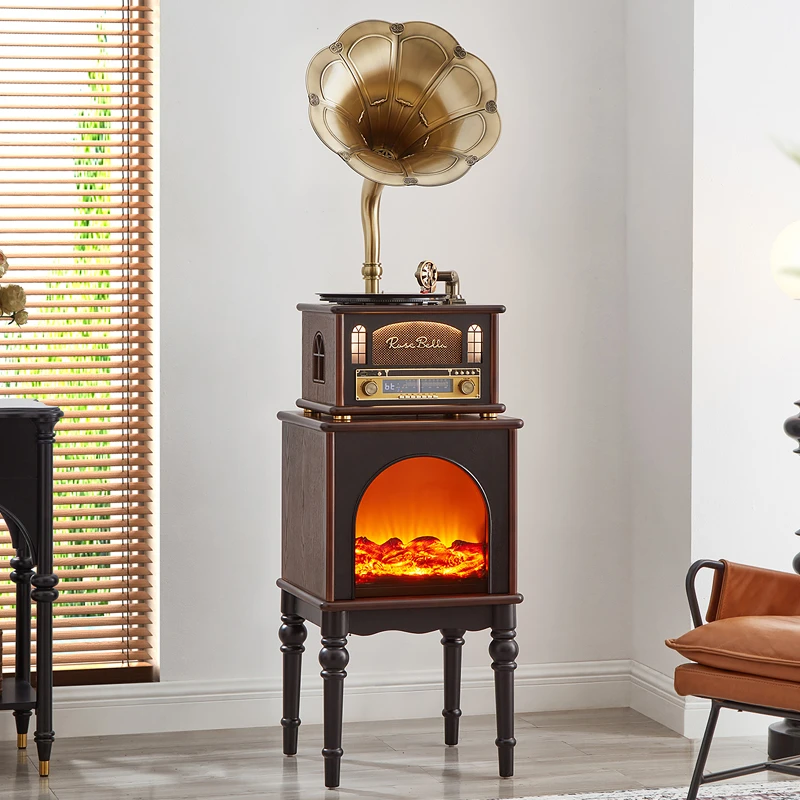 法式中古风留声机美式复古黑胶唱片机发光壁炉蓝牙音响一体电唱机