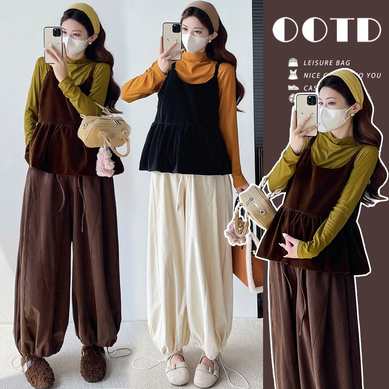 孕妇装秋冬新款T恤配马甲+灯芯绒猪鼻扣裤脚抽绳阔腿裤三件套