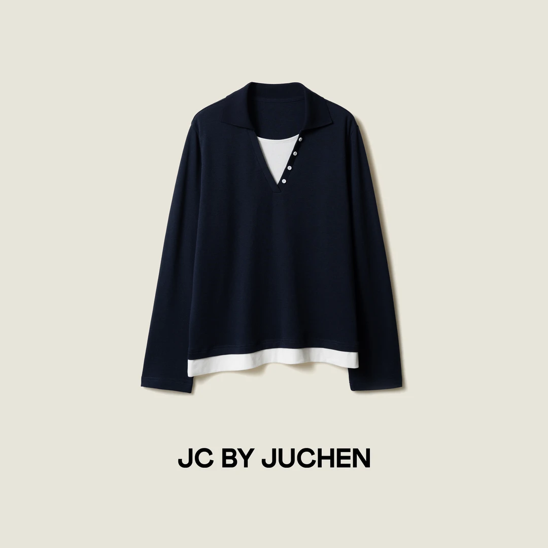 精致中的慵懒设计感POLO假两件V领撞色套头针织上衣 FW064777