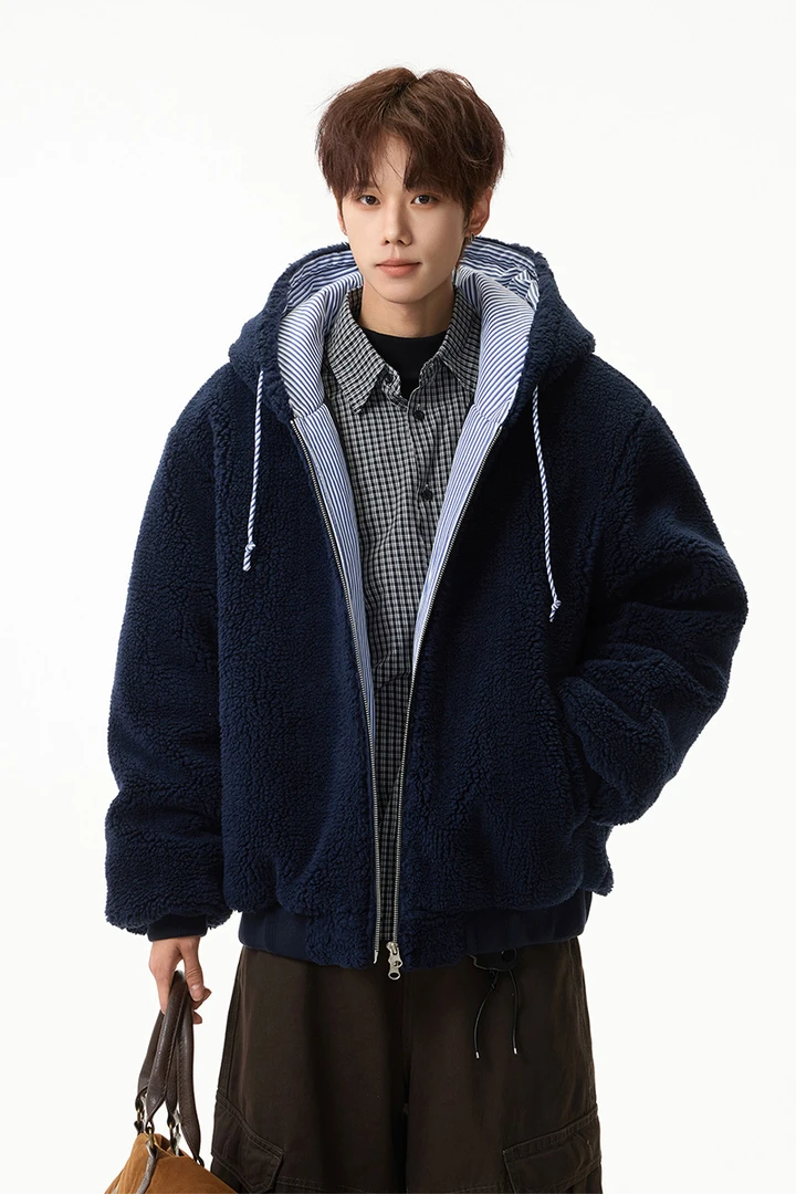 撞色连帽外套羊羔毛夹棉加绒加厚痞帅棉衣男女同款时尚休闲运动