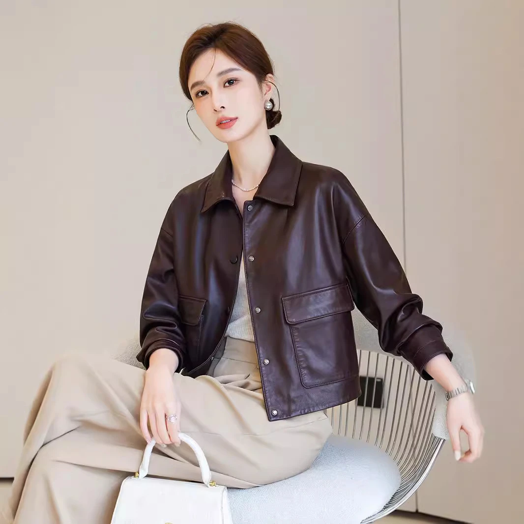 海宁真皮皮衣啄木女短款2025春秋新款休闲绵羊皮夹克小个子外套
