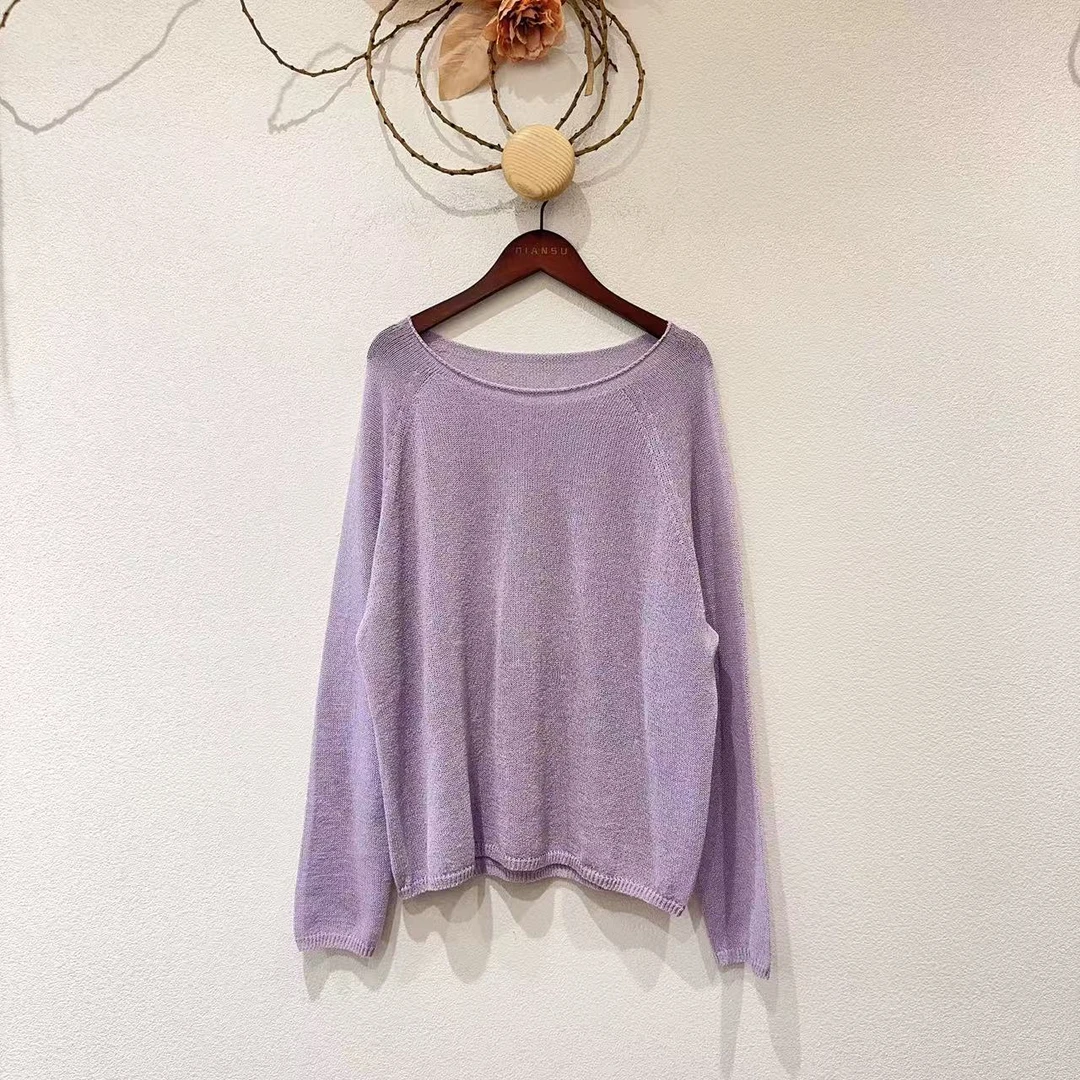 多巴胺无缝一体和纸纱长袖圆领宽松卷边针织衫显瘦防晒衫25018