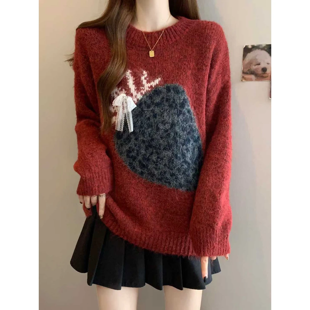 实体品质复古豹纹草莓套头毛衣女韩系宽松显瘦提花厚款针织衫上衣