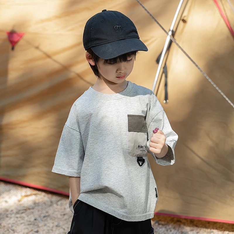 米修叻 男童山系撞色印花短袖T恤纯棉透气吸汗户外儿童ins风短袖