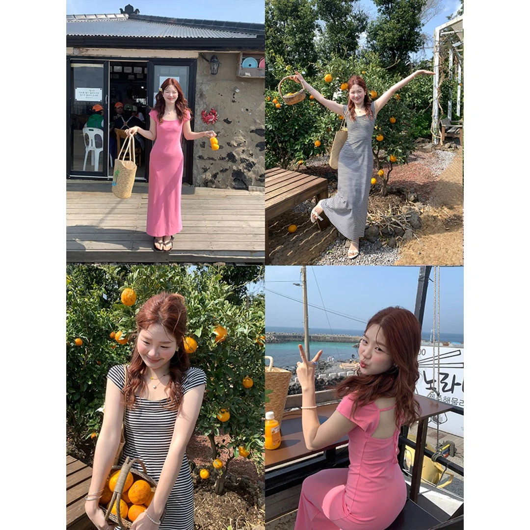 火火火【浪漫时区】五一春游露背绑带针织粉色条纹连衣裙L33371HH52