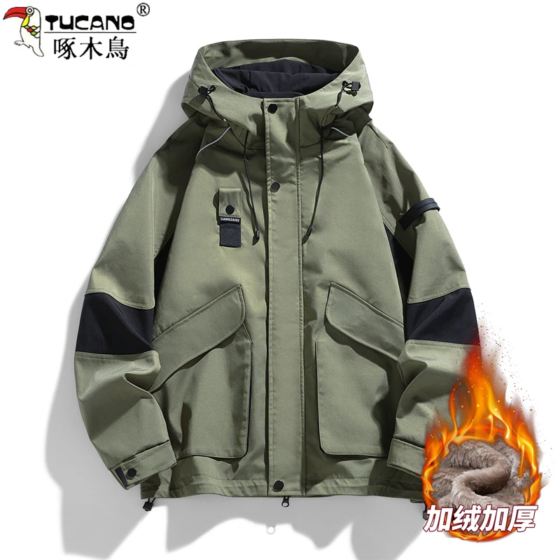 啄木鸟男士秋冬季新款连帽夹克男士休闲运动宽松加绒保暖工装外套