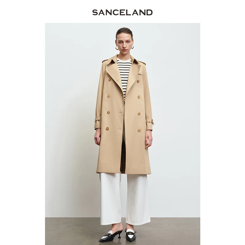 SANCELAND三石一澜春新品棉双排扣驼色长款风衣配腰带SJ15204031