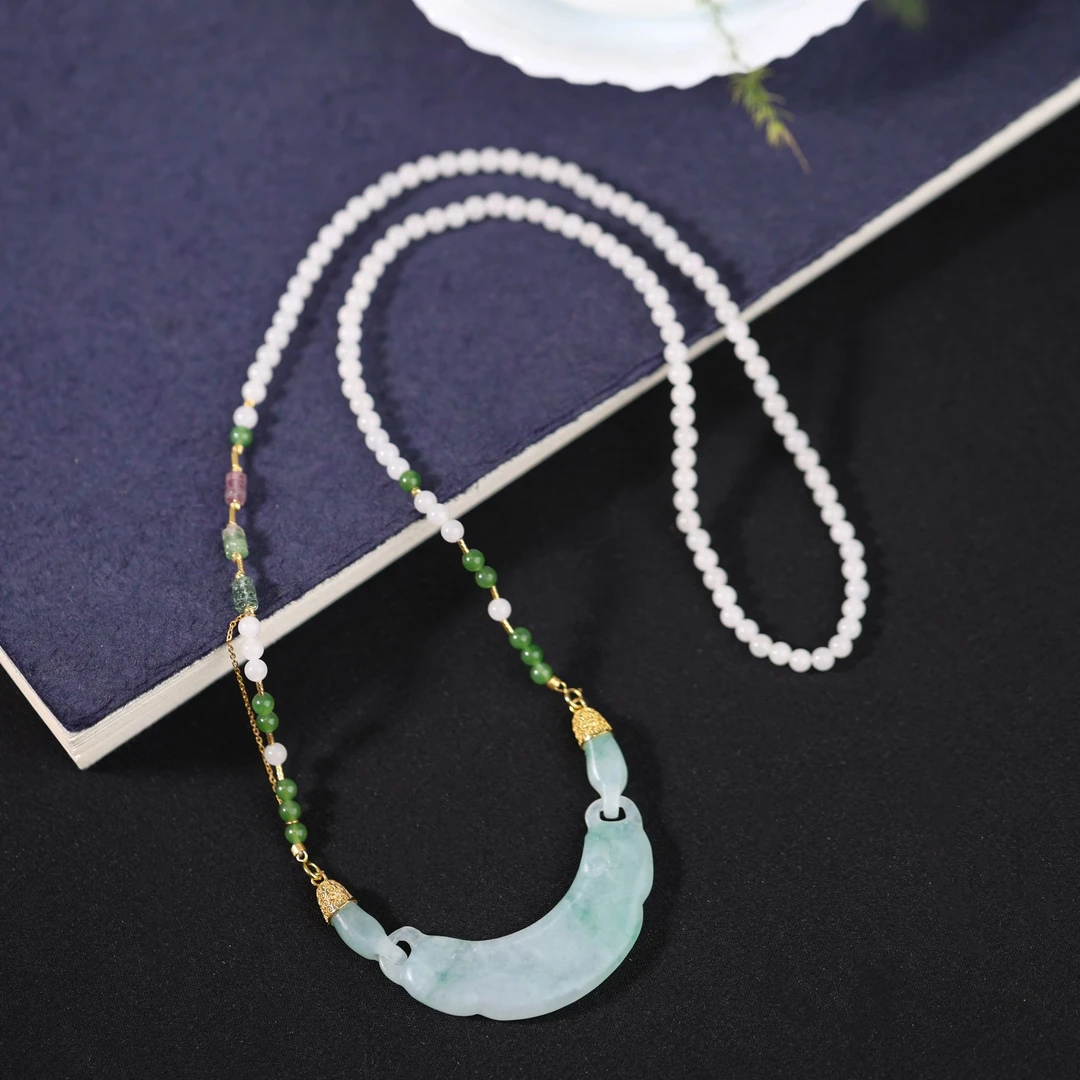 原创国风新中式定制珠宝18k金镶嵌翡翠玉璜项链