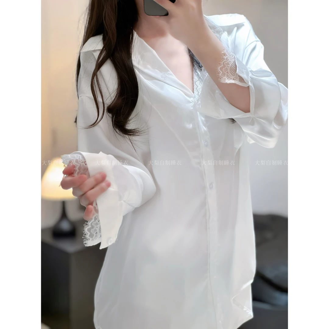 「纯白之恋」男友风衬衫款蕾丝长袖性感白色宽松法式慵懒风纯欲睡裙