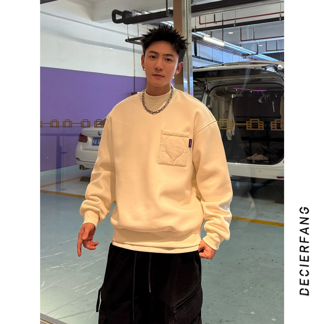 加绒卫衣男士后背含棉冬季加厚潮流美式休闲宽松百搭圆领套头衣服