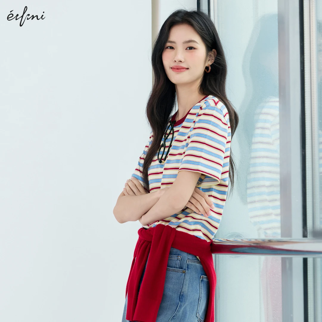 伊芙丽复古条纹休闲T恤女装25夏季新款经典圆领短袖上衣1G4901371