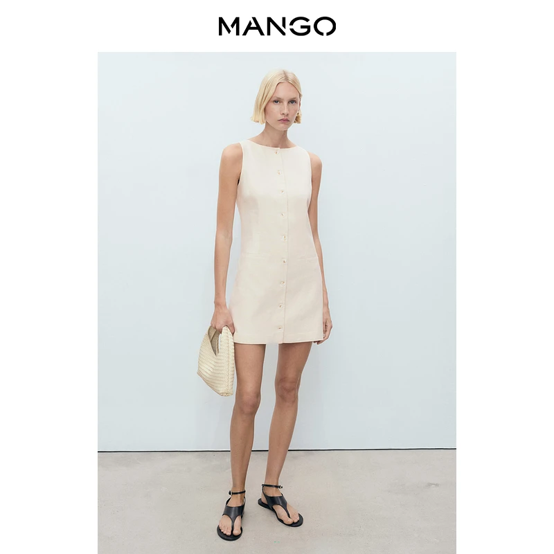 MANGO女装连衣裙2025款淡人短款系扣亚麻混纺无袖连衣裙87039065