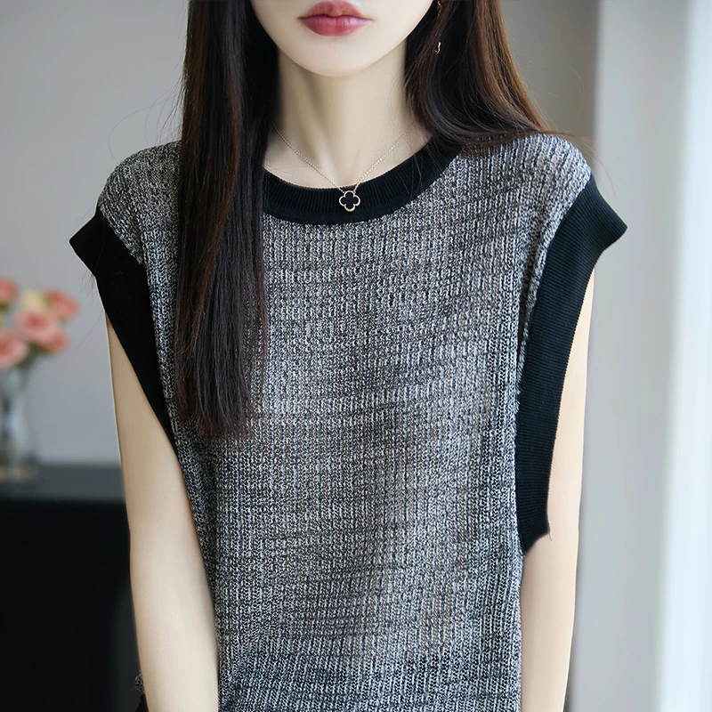 立体显瘦~~韩版高级感撞色莱赛尔天丝圆领短袖女薄款百搭气质镂空