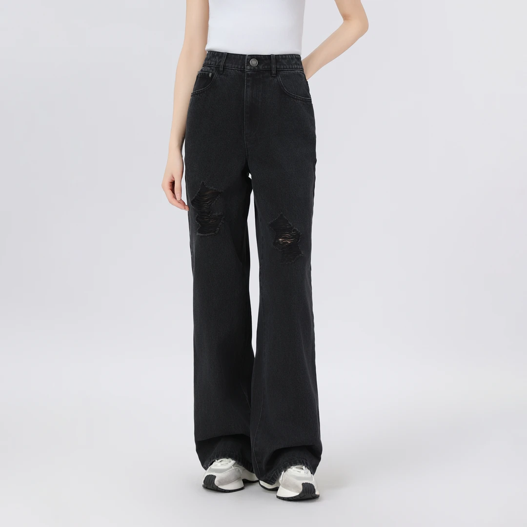 AMASS/阿玛施春夏高腰直筒裤丹宁风新款时尚百搭破洞牛仔裤510008