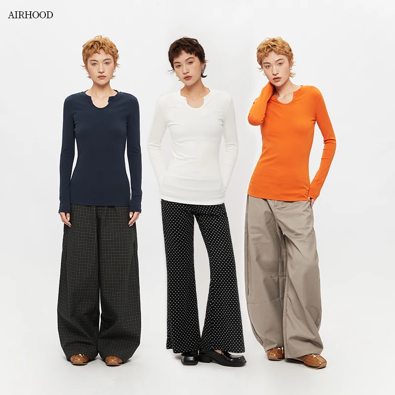 AIRHOOD 25秋季国潮纯色长袖T恤女新款修身显瘦辣妹百搭上衣C5394