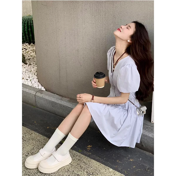 2091初恋泡泡袖小个子茶歇裙子女2024夏季新款韩系简单大方连衣裙