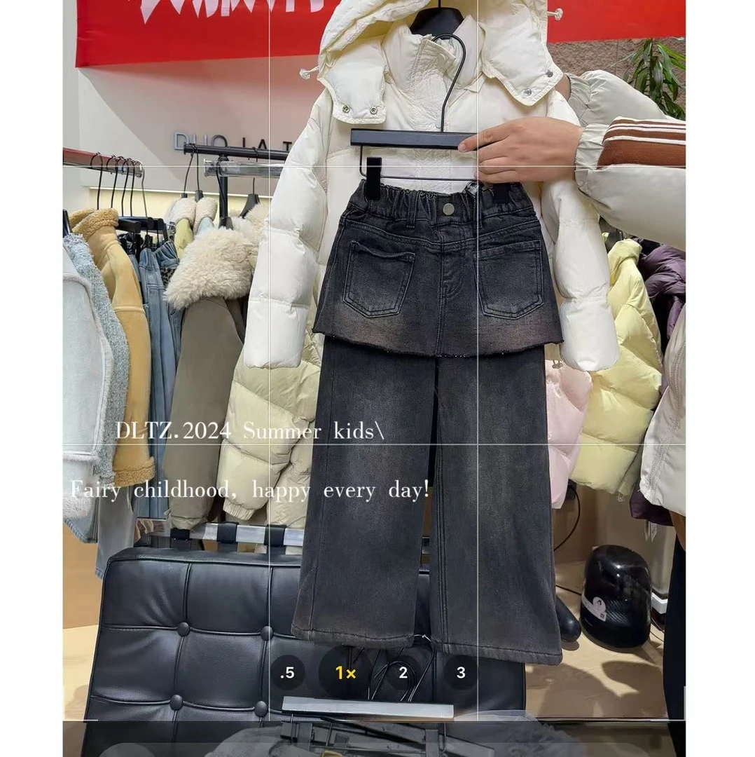 D25057「奔跑的蜗牛」裤型超正直筒屁帘款假两件牛仔裤加绒