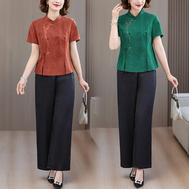 洋气新中式龟裂纹中老年妈妈优雅套装女夏装上衣阔腿裤时尚两件套
