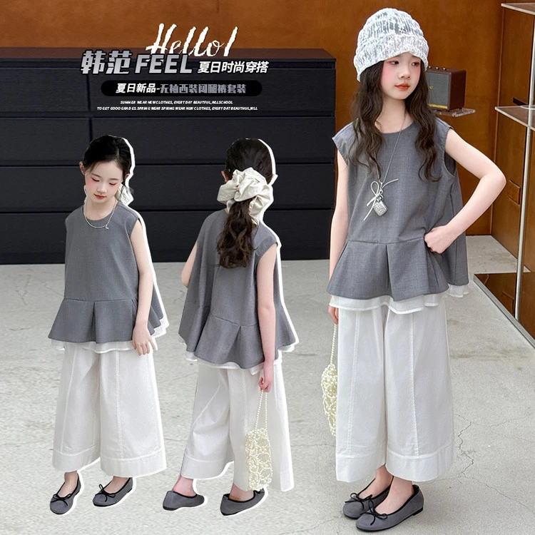 女童高级时尚西装无袖2025新款夏季阔腿裤套装百搭洋气休闲两件套