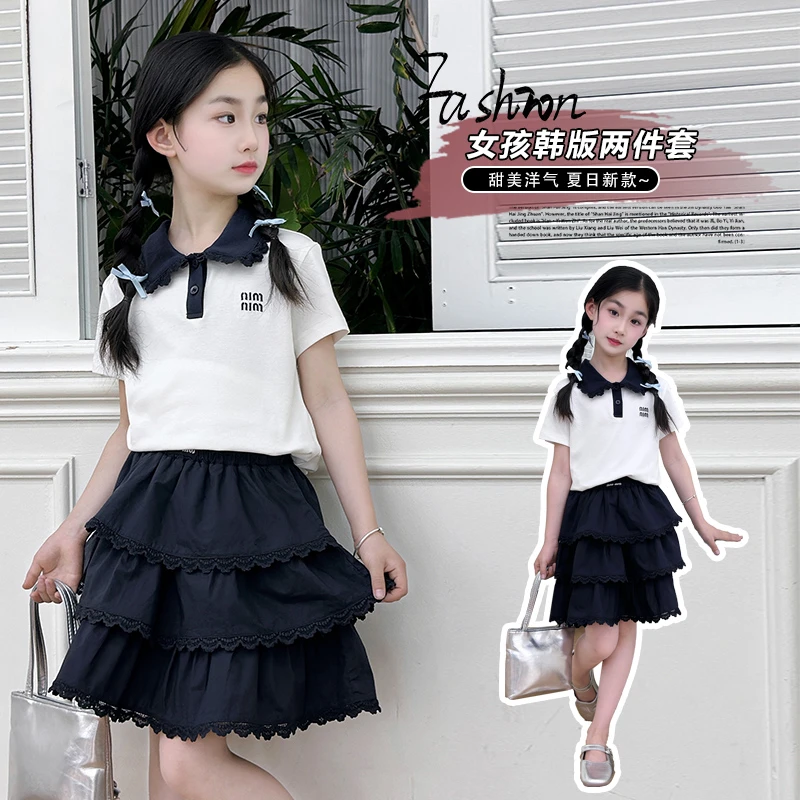 女童夏季学院风POLO短袖套装甜美洋气中大童裙子百褶时尚女孩