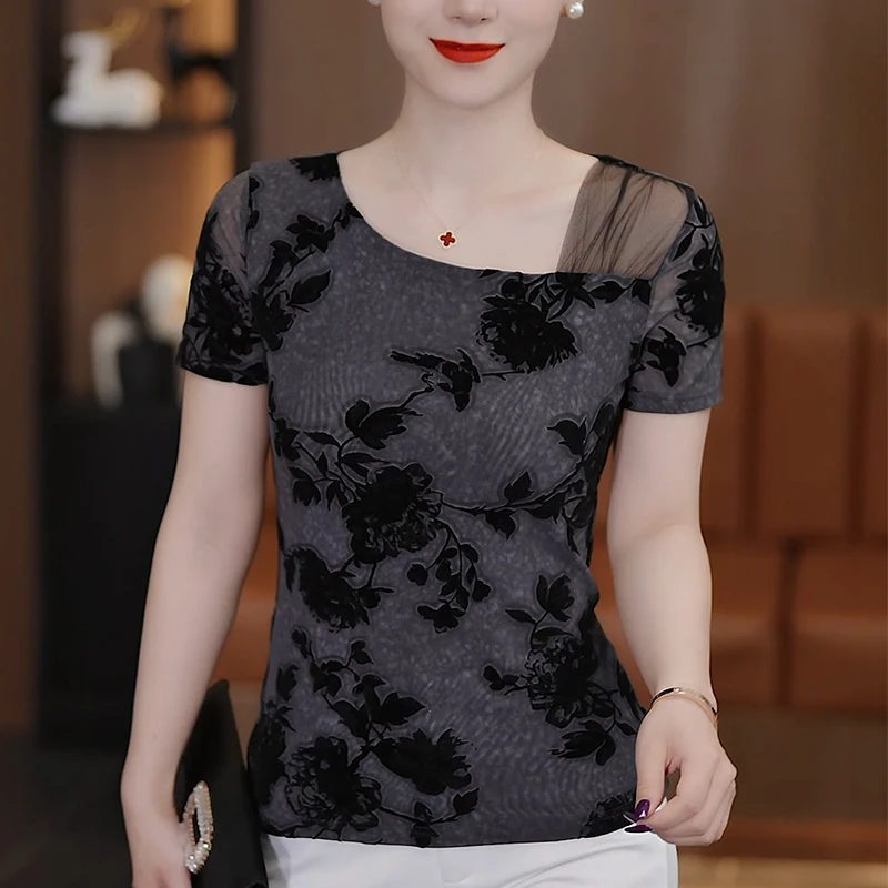 夏季新款扎染纱衣T恤女打底衫洋气斜领网纱植绒小衫短袖女上衣