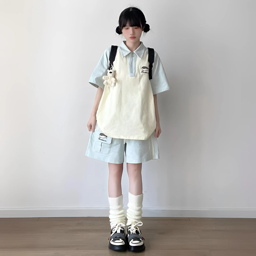 日系休闲运动服套装女夏季可爱减龄拼色POLO领短袖短裤学生两件套