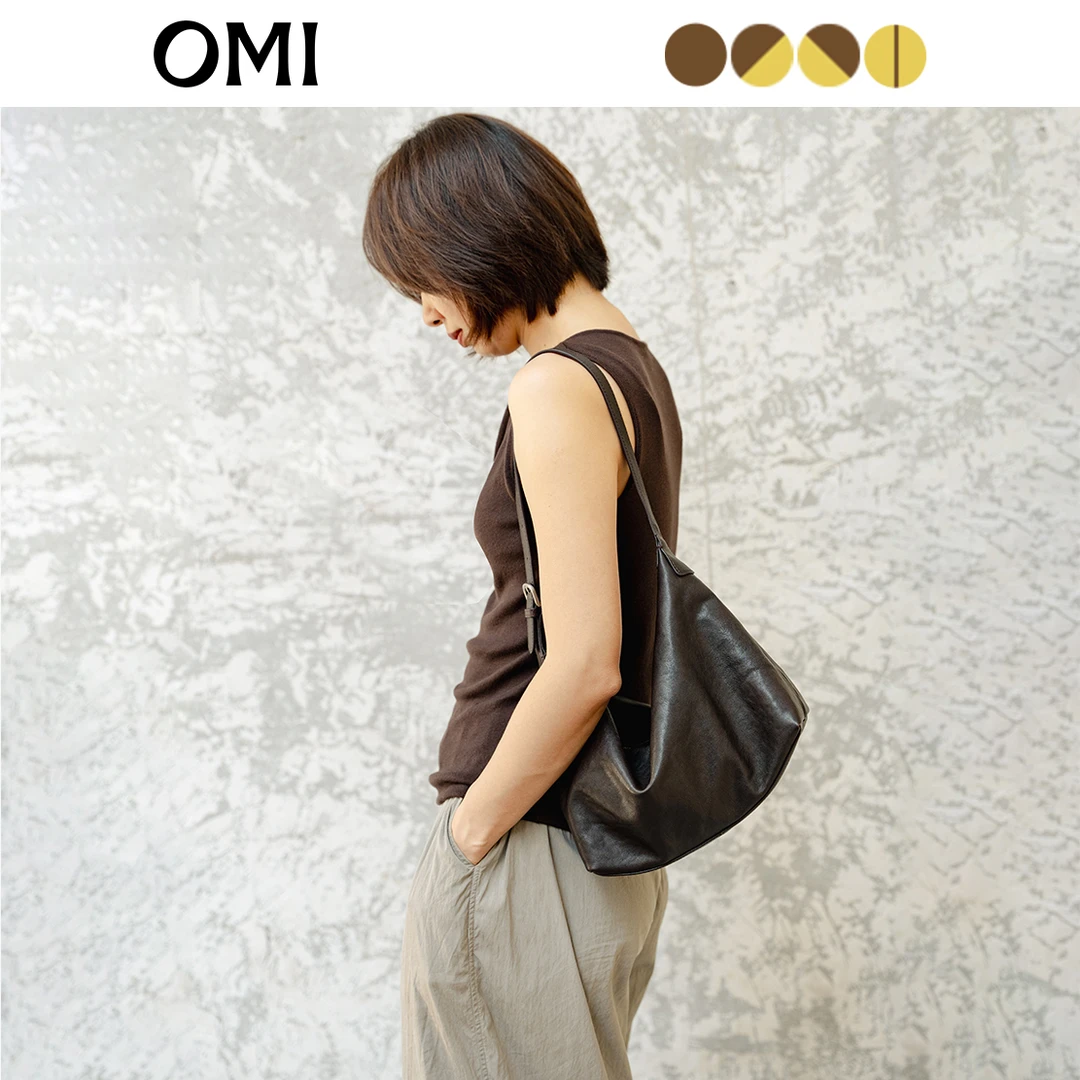 OMI/欧米胎牛皮植鞣HOBO包托特包轻奢女包小众褶皱黑色腋下百搭