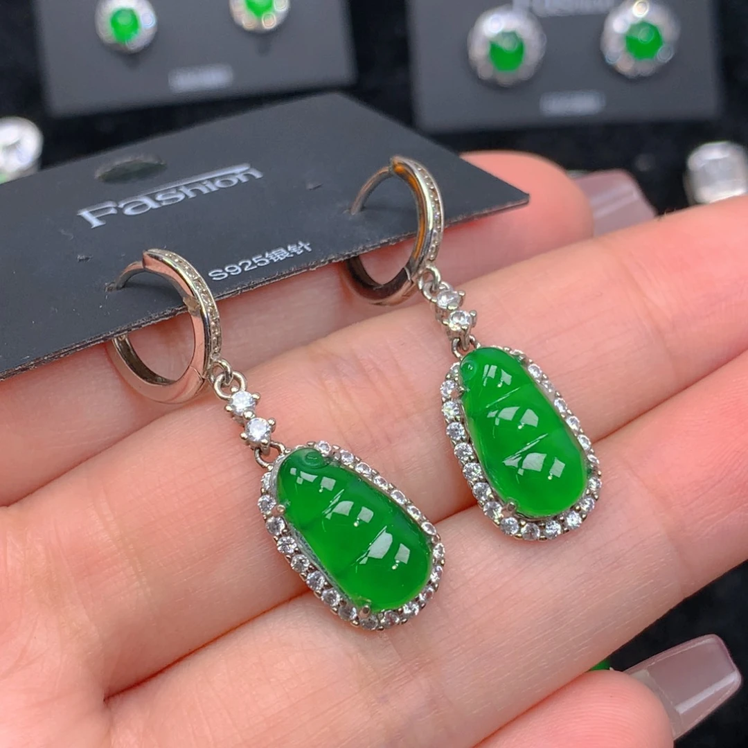 翡翠耳坠银S925镶嵌翡翠