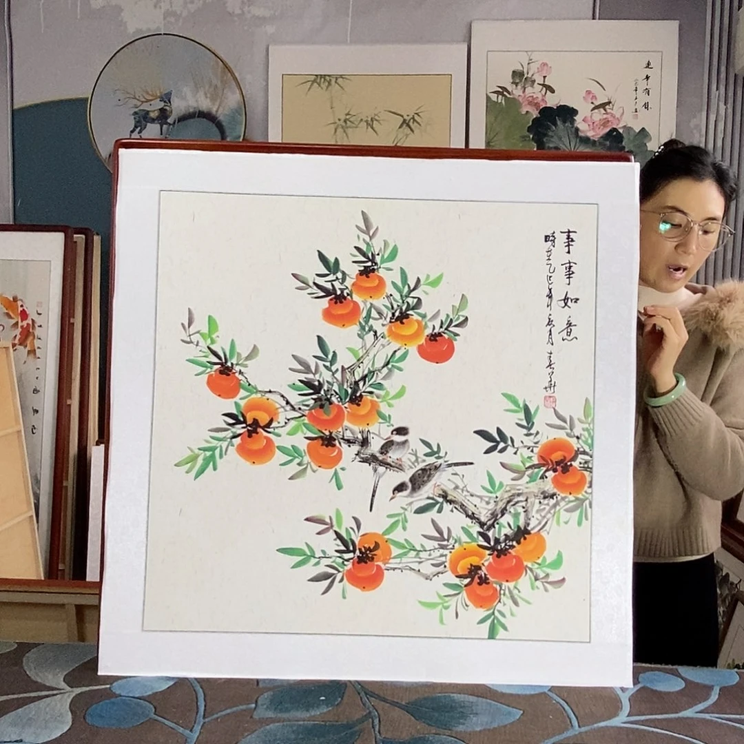 国画手写手绘带框包邮国画作品82✖️82