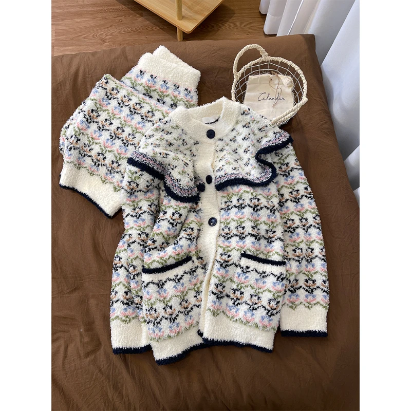 民族风碎花针织半边绒睡衣女2025秋冬新款休闲保暖软糯家居服套装